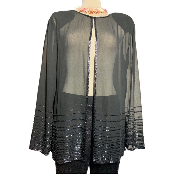 Gorgeous Elegant Dark Blue Black Beaded Trimmed Cover Top Jacket Size L - Picture 4 of 10